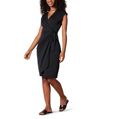Amazon Essentials Women's Classic Cap Sleeve Wrap Dress with V Neck, Pleated Waist (Available in Plus Size), Black, X-Large