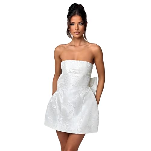 JUMISEE Embroidery Satin Homecoming Dress with Bow Modest Strapless Mini Dresses A Line Short Prom Dress Party Gown White
