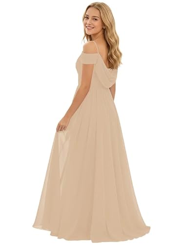 Habteens Cold Shoulder Sleeve Junior Bridesmaid Dresses for Wedding Long Chiffon Champagne Spaghetti Straps Teen Girls Dress Evening Formal Guest Gown 16