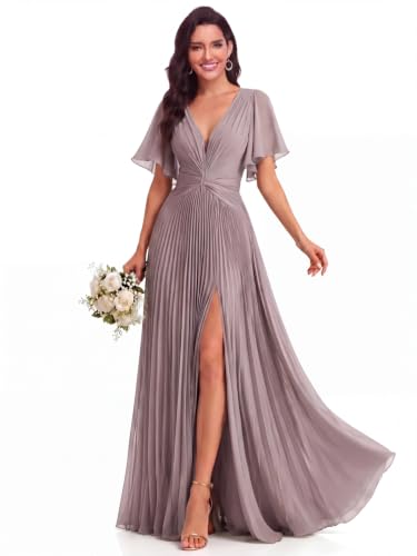 BABYONLINE D.R.E.S.S. Womens Bridesmaid Dresses Deep V Neck Pleated Flutter Ruffle Sleeves Chiffon Slit Formal Dress Mauve 16
