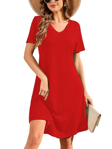 DEARCASE Summer Dresses for Women V-Neck Casual Mini Dress,Red,X-Large