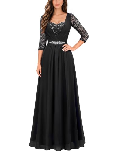 Miusol Women's Square Neck Sequin Lace 2/3 Sleeve Bride Formal Maxi Dress (Large, Black)