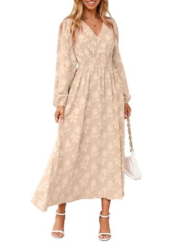 Simplee Womens Boho Floral Long Sleeve Maxi Dress V Neck Empire Waist Semi Formal Wedding Guest Long Flowy Dresses Beige L