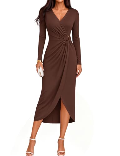 ZESICA Women's Fall Long Sleeve Bodycon Cocktail Party Dresses Brown S