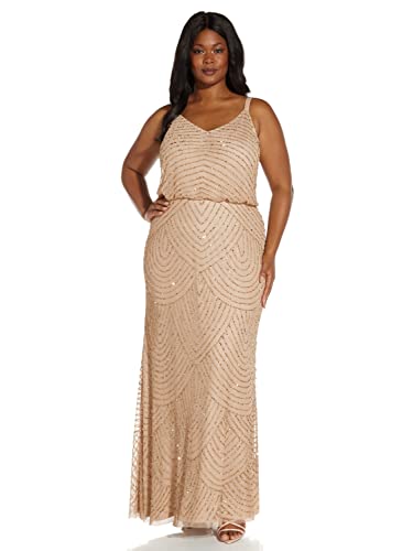 Adrianna Papell Women's Long Beaded Blouson Gown, Champ/Gold, 2