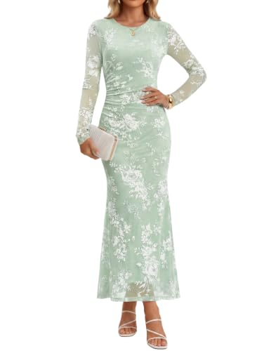 ZESICA Womens Long Sleeve Bodycon Maxi Fall Semi Formal Party Dress Sage M