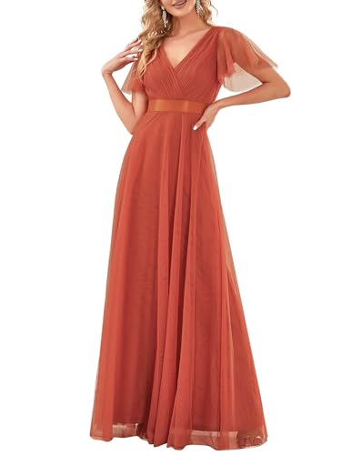 Ever-Pretty Women's Mother of Bride Dress Double V-Neck Empire Waist Front Wrap Tulle Bridesmaid Dress Burnt Orange US12