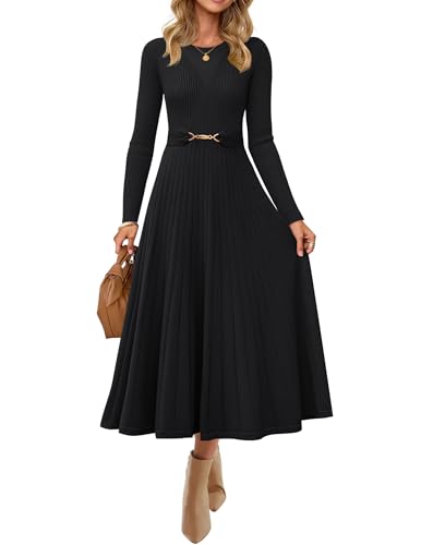 ZESICA Womens Fall Long Sleeve Pleated Midi Sweater Dresses Black L