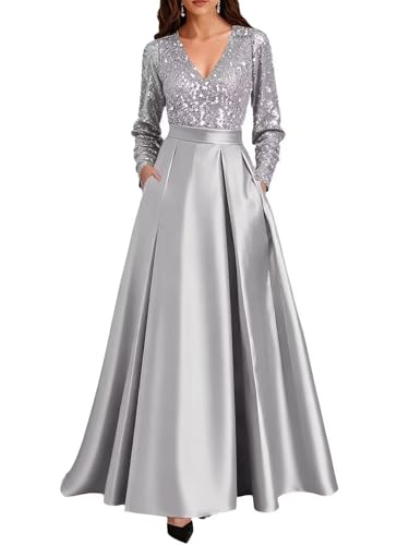 Caodip V Neck Classy Evening Dresses for Women Sequin Satin Elegant A Line Mother of The Bride Dress for Wedding Long Sleeves Silver US26W