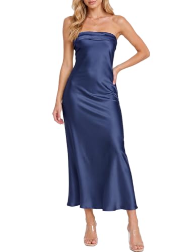 Realtix Summer Satin Strapless Backless Maxi Dress for Women Wedding Guest