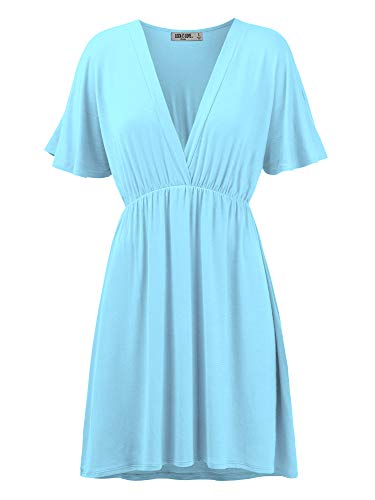 Lock and Love LL WDR 1338 Womens Short Sleeve Kimono Style Deep V-Neck Casual Summer Dress S-3XL Plus Size M Aqua