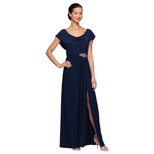 Alex Evenings Women's Long Cowl Neckline Mother of The Bride Dress, Formal Event Gown (Petite and Regular Sizes), Navy, 12