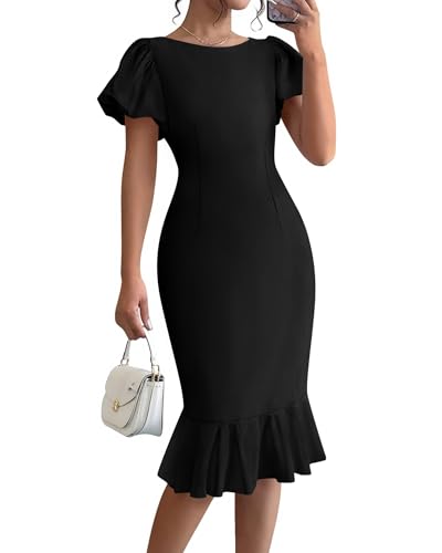BTFBM Women Short Sleeve Bodycon Ruffle Mermaid Midi Dress,Black,L | Crew Neck Elegant Classy Dresses For Formal Wedding Guest Cocktail Church, Work Business Casual Outfits, Spring Summer 2026