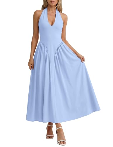Zelroxa Light Blue Halter Drop Waist Corset Pastel Wedding Guest Maxi Dress