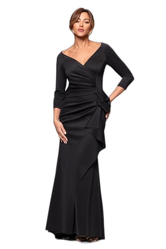 Xscape Women's Floor Length V-Neck Bodycon Evening Gown with 3/4 Sleeves, Rushing, & Ruffle Detail, Black, 16