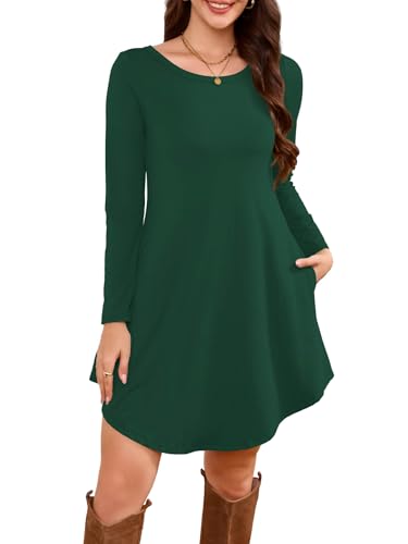 DEARCASE Women's Long Sleeve Knee Length T Shirt Dress,Dark Green, Large