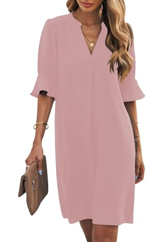 Wkior Womens Summer Ruffle Short Sleeve V Neck Shift Dress,Gray Pink,S | Vacation Travel Outfit, Basic Flowy Swing Dress, Daily Casual Mini Dresses, Beach Wedding Guest Clothes
