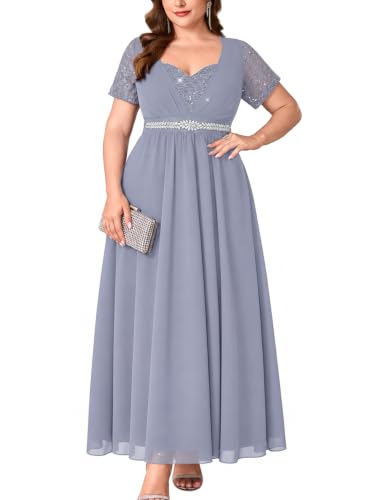Plus Size Sequin Lace Chiffon Prom Dress Formal Maxi Gown, Gray Blue, 3X | Sweetheart Neck, Rhinestones Ribbon Waist, A-Line Maxi, Ball, Gala, Mother of the Bride/Groom, Cocktail Party, Evening Events