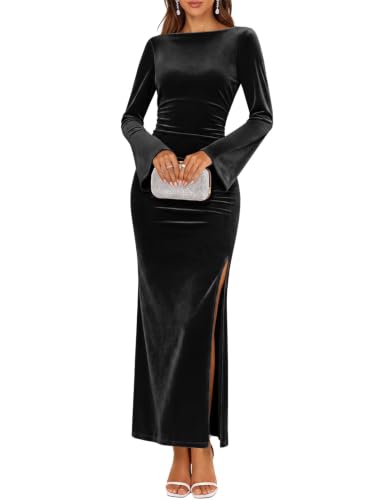 MEROKEETY Womens Formal Fall Long Sleeve Velvet Maxi Dress, Black, M