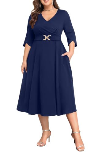 Pinup Fashion Plus Size Wedding Guest Fall Navy Blue 3/4 Sleeve Midi Dress | Navy blue knit, 3/4 sleeve with a split cuff, faux wrap V-neck, ruched details, buckle belt, side pockets, fall wedding guest