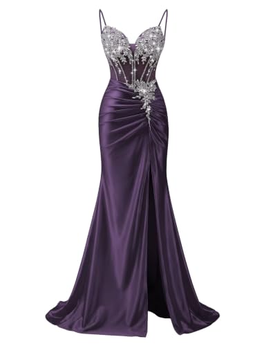MagicST Satin Beaded Mermaid Grape Prom Dress Long for Women Evening Gown