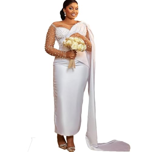 YiMinpwp Satin Wedding Dresses for Women Bride Pearls Courthouse Civil Bridal Dress Customized White