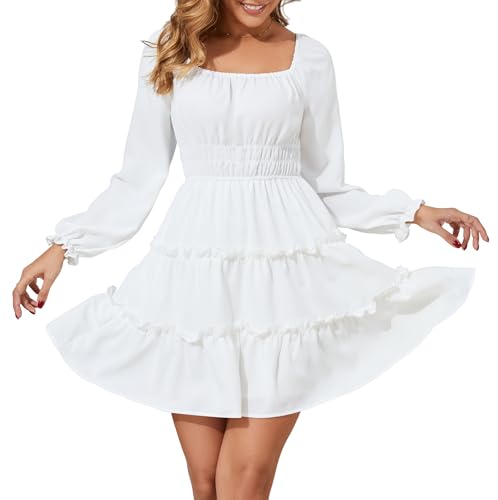 Amoretu Women’s Long Sleeve Mini Dress Beach Wedding Guest Engagement Vacation Holiday Photoshoot Dresses (White, S)
