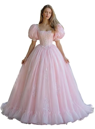 Dydsz Women Lace Pink Quinceanera Dresses Puff Sleeve Princess Ball Gown 10