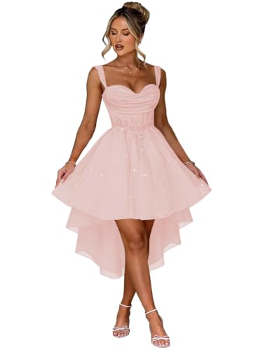 Memoryfic Sparkly Sequin High Low Homecoming Dress 2026 Pink US0 | High Low,Spaghetti Straps,Sweetheart Neck,Lace Up Back,Sleeveless,Pleated,HOCO,Cocktail Party,DAMA Dress for Quinceanera