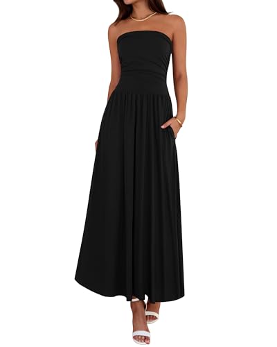 BTFBM Summer Maxi Dresses for Women 2025 Strapless Ruched Tube Top Flowy Beach Vacation Wedding Guest Fall Dress Pockets (Black, Large)