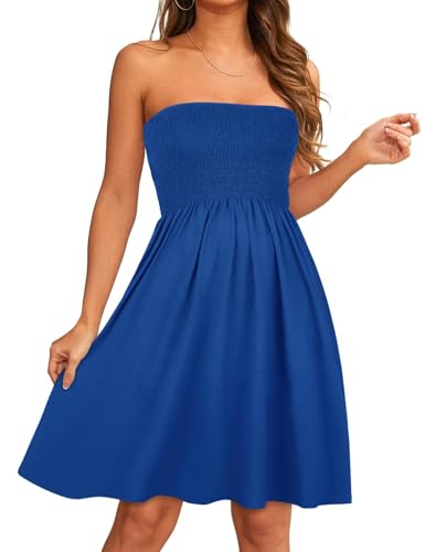 elescat Summer Dresses for Women Strapless Sundress, Royal Blue, L | 2026 Women Strapless Dress,Flowy Short Tube Top Dress, Elastic Bust Casual Summer Dress, A Line Beach Cover up