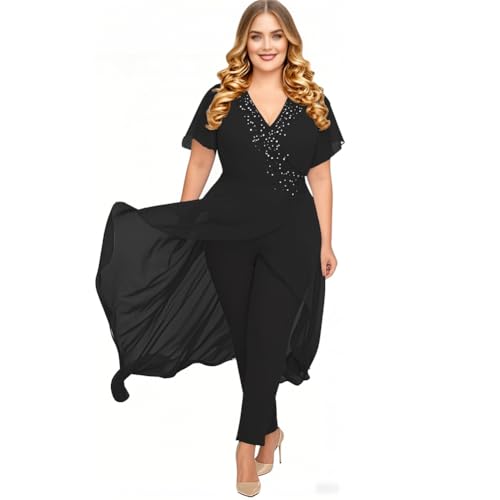 Plus Size Mother of Bride Pantsuit Cocktail Pant Suits for Women Dressy Evening Prom Wedding Black