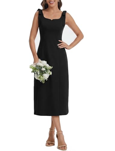 Women's Sweetheart Neck Sleeveless Midi Sheath Dress Elegant Slim Cocktail Dresses for Wedding Guest Party Black