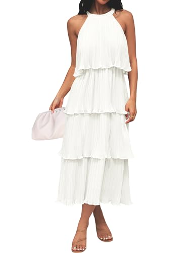 ZESICA Women's 2025 Summer Sleeveless Halter Neck Ruffle Tiered Layed Chiffon Flowy Swing Long Midi Dress,White,Large