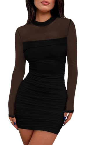 WIHOLL Womens Mesh Sheer Long Sleeve Ruched Mini Dress Fall Sexy Bodycon Little Short Mock Neck Semi Formal Cocktail Holiday Party Club HOCO Dresses for Teachers 2026 Black S