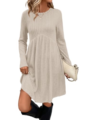 OFEEFAN Long Sleeve Dress Tunic Sweater Dress Fall Dresses Maternity Dress with Pockets Apricot L