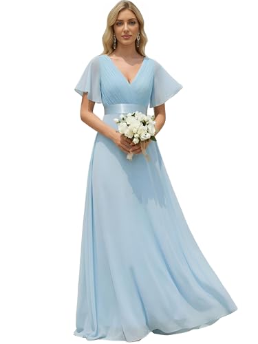 Ever-Pretty Women's Summer Short Sleeve Chiffon Empire Waist Floor Length Formal Bridesmaid Dress Mother of Bride Dresses Sky Blue US06