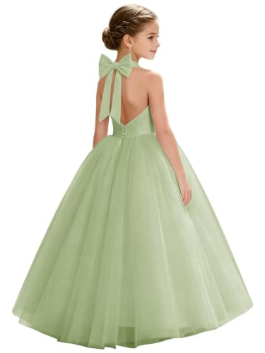 Heineyo Sleeveless Bowknot Flower Girl Dress Sage Green Puffy Tulle A-Line Long Wedding Guests Prom Ball Gown Halter Satin Junior Bridesmaid Dresses US12