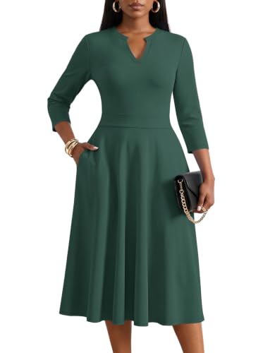 KARALIN Women Midi Dress 3/4 Sleeve V Neck Semi Formal Church with Pockets
