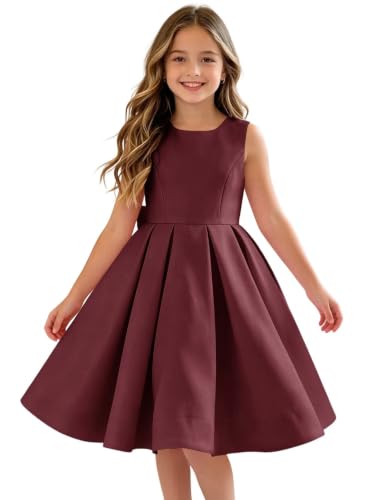 Heineyo Bowknot Short Flower Girl Dress Burgundy Satin A-Line Spaghetti Strap Wedding Guests Prom Ball Gown Round Neck Ruffle Junior Bridesmaid Dresses US12
