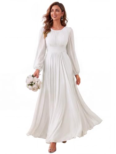 Ever-Pretty Women's Chiffon Long Sleeve Formal Wedding Guest Dresses White