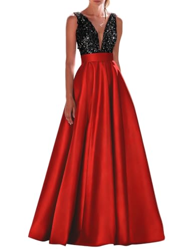 Liopus Black Red Satin Prom Dress Long V Neck Sequin Formal Gown US16W