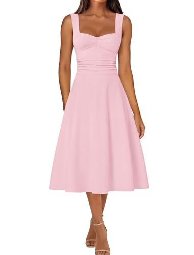 IWD Women's Square Neck A Line Midi Dress Ruched Waist Corset Flowy Elegant Wedding Guest Long Dresses (Light Pink, Medium)