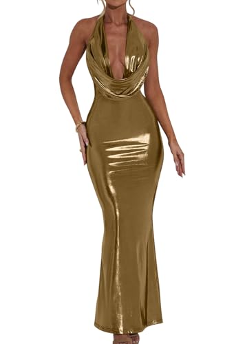 Memoriesea Women's Luxury Metallic Halter Neck Bodycon Party Evening Gown Maxi Dress Gold