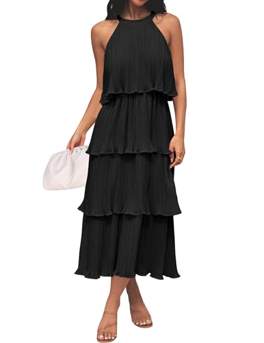 ZESICA Womens Summer Halter Ruffle Wedding Guest Midi Dresses Dark Black XL