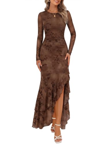 MEROKEETY Women's Fall Wedding Guest Cocktail Maxi Dresses, Brown, XL