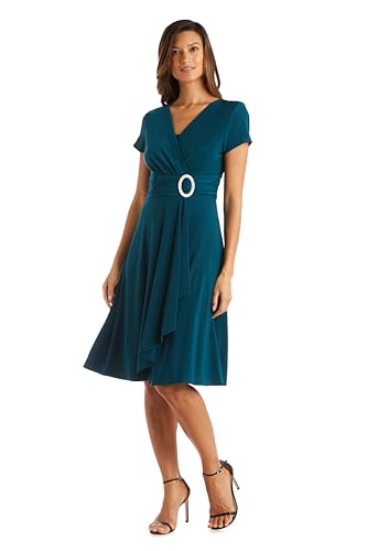 R&M Richards Women's Cascade Wrap Dress with V-Neck & O-Ring Rhinestone Buckle, Work to Weekend Short Sleeve Flowy Silhouette