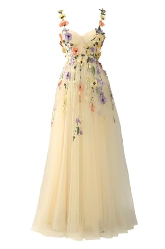 Fivsole 3D Flower Applique Prom Dresses Tulle Formal Gown Champagne US16