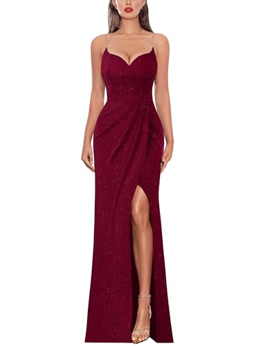 VFSHOW Womens Sexy Spaghetti Strap Formal Prom Evening Gala Long Maxi Dress | Ruched Hight Slit, Sweetheart, Cocktail Wedding Guest Fitted Bodycon Gown, Sparkly Dark Red, L