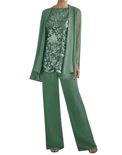 3 Pieces Mother of The Bride Pant Suits for Women Dressy Long Sleeve Lace Wedding Formal Outfits with Jacket PG016 Pastel Green